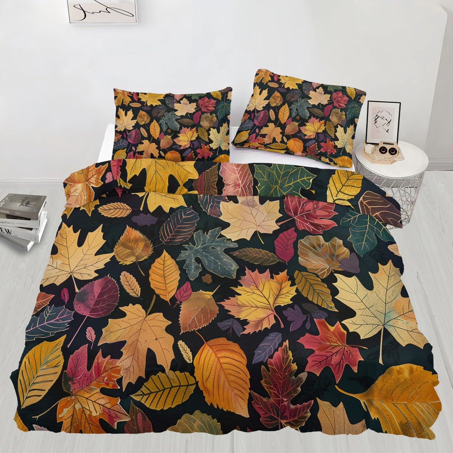 ZAMODE Fall Leaf Duvet Cover 120" x 98", Vintage Leaves Bedding Set, Autumn Plant Comforter Cover with Zipper Ties