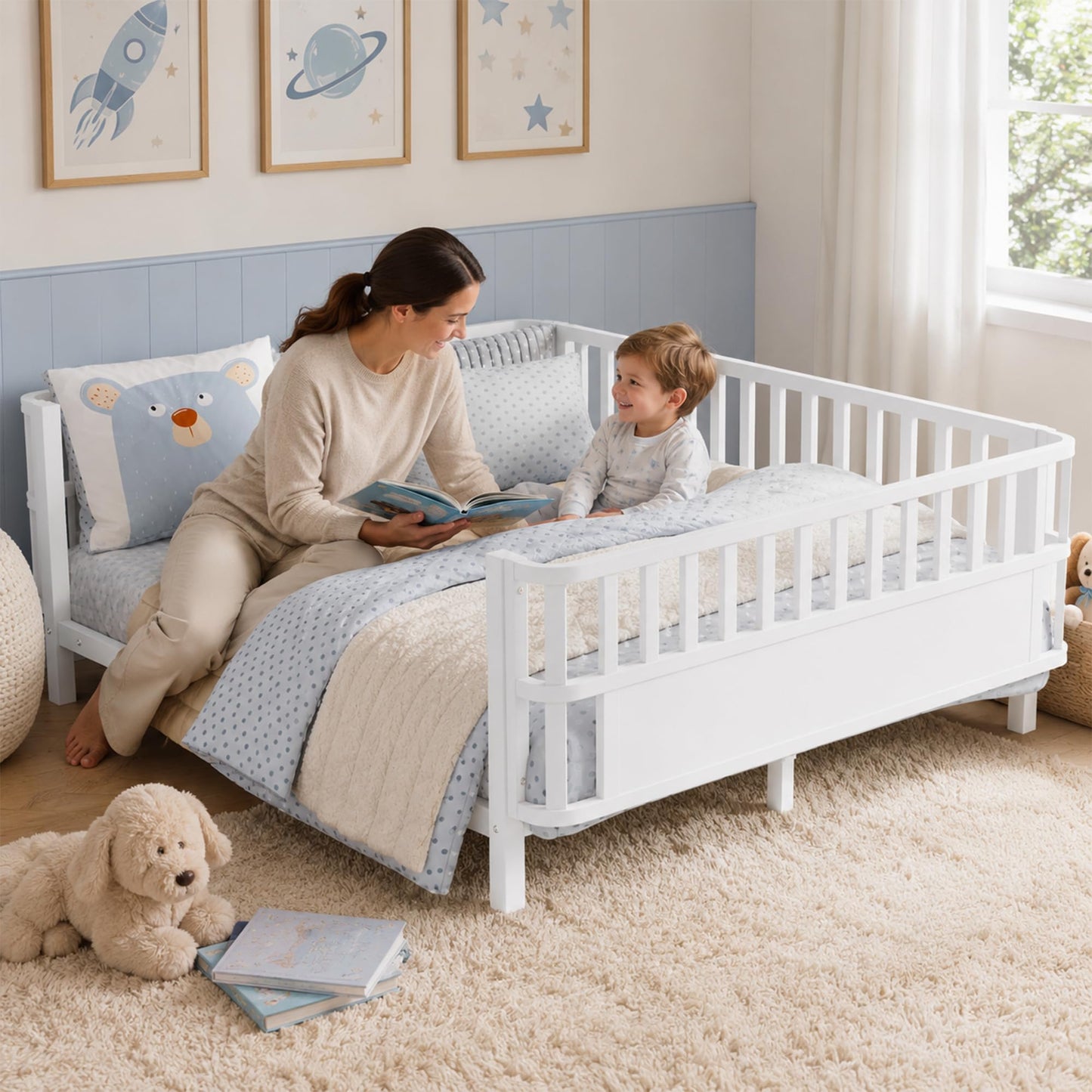 OYUMOENTS Full Size Bed Frame Kids, Metal Low Profile Montessori Bed Full with Removable Side Rails & Rounded Corner Design, Kids Daybed for Boys Girls, No Box Spring Needed, Easy Assemble, White