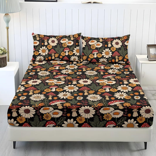 ZDCUSTOM Mushroom Daisy Fitted Sheet Vintage Bedding Set Twin XL Size Comfortable Bed Sheets 3 Piece with 9.8" Deep Pockets Cozy Pillowcasesr & Bedsheets for Home Deocr, 39" x 79"