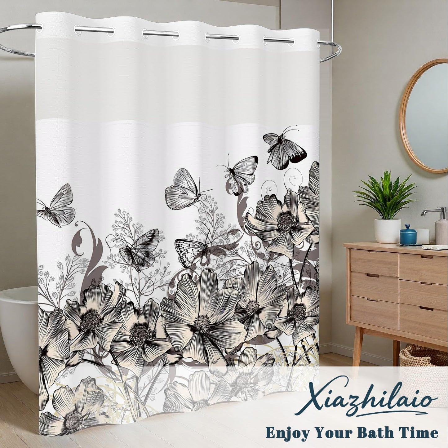 Xiazhilaio Butterfly Floral Shower Curtain with Snap in Liner, Waterproof Double Layer Bath Curtain with Mesh Top Window - Artistic Botanical Design for Farmhouse, Boho & Modern Bathroom, 71″W x 74″L