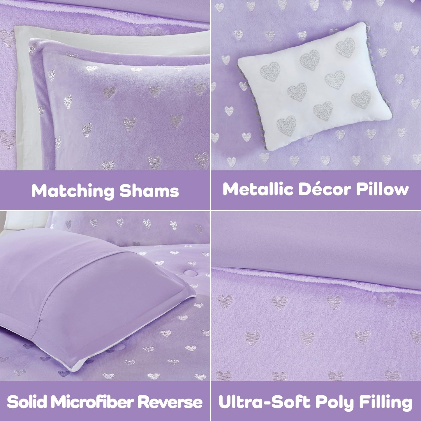 Intelligent Design Twin Comforter Set, 3 Piece Metallic Hearts Cozy Bedroom Set for Girls, Twin Bed Set Soft & Plush Comforter, All Season Fluffy Bedding Set, Rosalie, Twin/Twin XL, Purple Silver