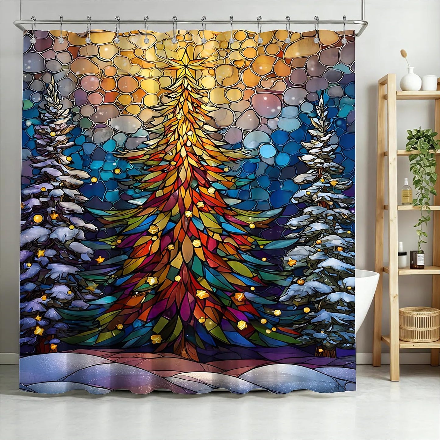 TANGXUNFA Colorful Christmas Tree-1 Shower Curtain for Bathroom, Water-Resistant Long Shower Curtain Set 72x72 Inch with Metal Grommets and 12 Metal Hooks