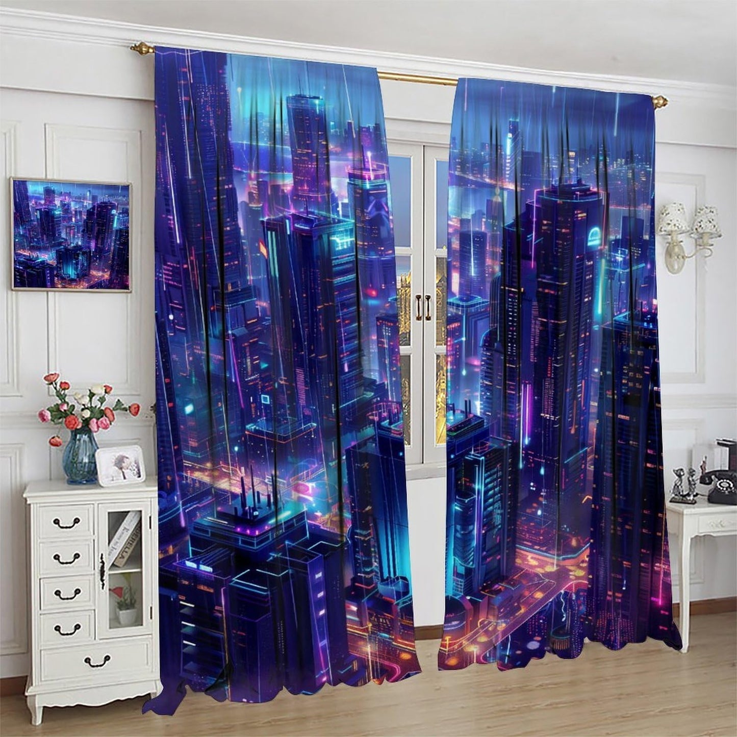 VUMIVI Gaming Curtains Cyberpunk Futuristic City Rain Skyscrapers Blue-Toned Fantasy Landscape Rod Pocket Window Treatments for Boys Girls Gaming Bedroom Sci-Fi Tech Expo 42" W X 44.5" L