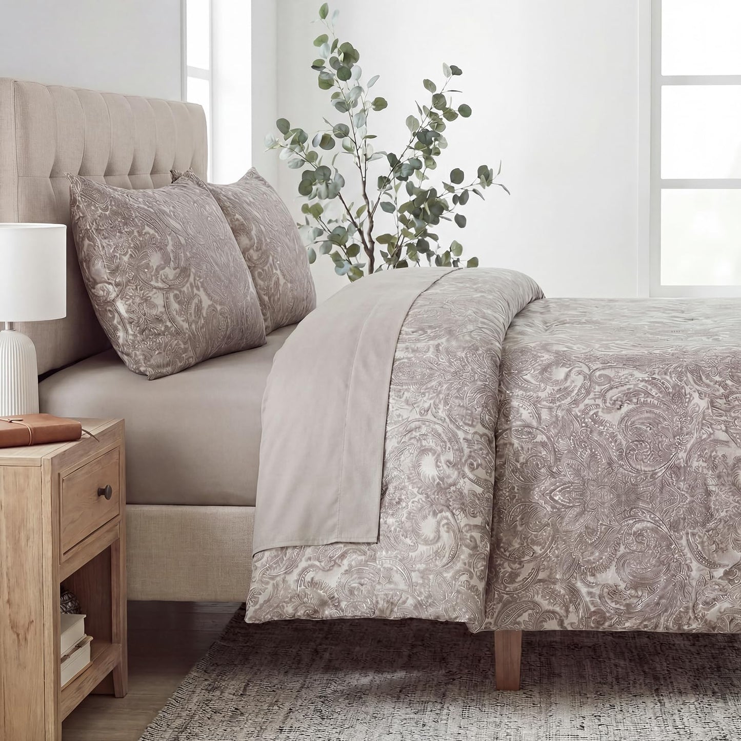 MOVE OVER 100% Cotton Duvet Cover Set Queen Size, Boho Paisley Bedding Set with Zipper Closure & Corner Ties, Soft Breathable Taupe Paisley Floral Duvet Cover for All Seasons