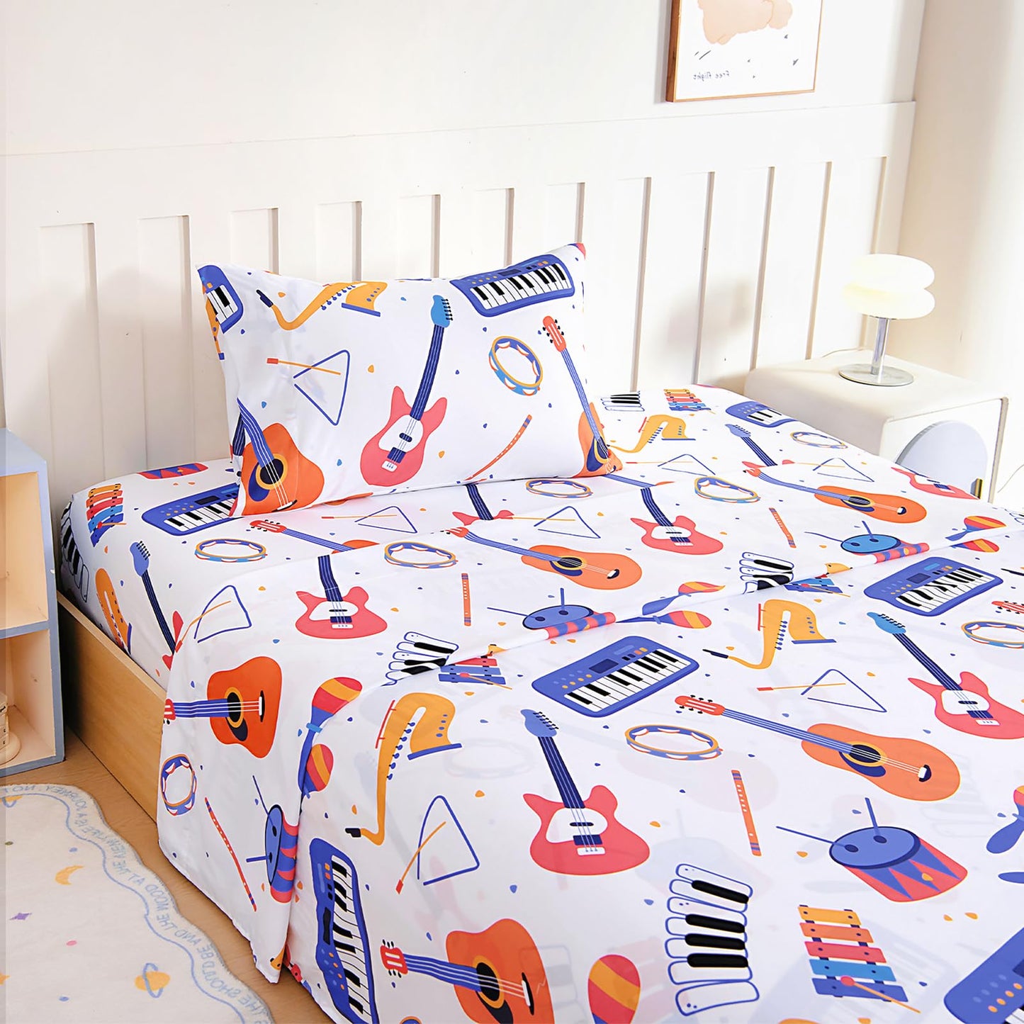 Homilay Full Sheet Set Kids - Guitar Sachs Keyboard Drum 4 Pieces Soft Microfiber Cartoon Style Bedsheets for Boys Girls Teens, Oeko TEX Breathable 15 Inch Deep Pocket Sheets(Musicians)