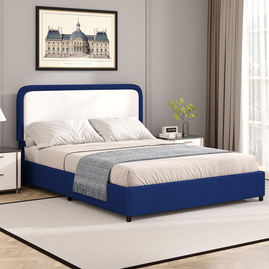 BarnFurin Upholstered Bed Frame Queen, Faux Leather Platform Bed with Curved Headboard, Classic Color-Block Design, Soft Rounded Corners, No Box Spring Required, Easy Assembly, Blue