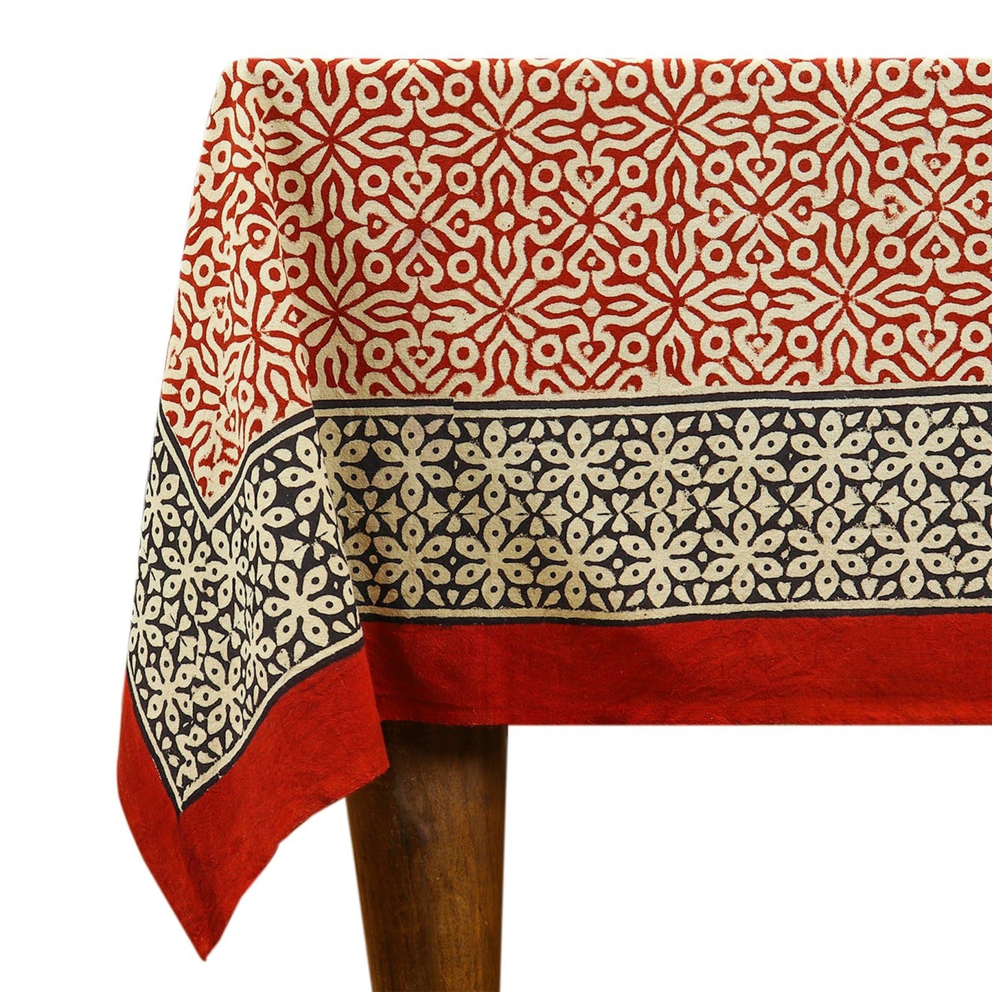 60x60 Inches Square Hand Block Printed Cotton Tablecloth, Red Black Floral Table Cloths Washable, Indian Table Linen for Outdoor Thanksgiving Gifts Home Decor Dinning Outdoor