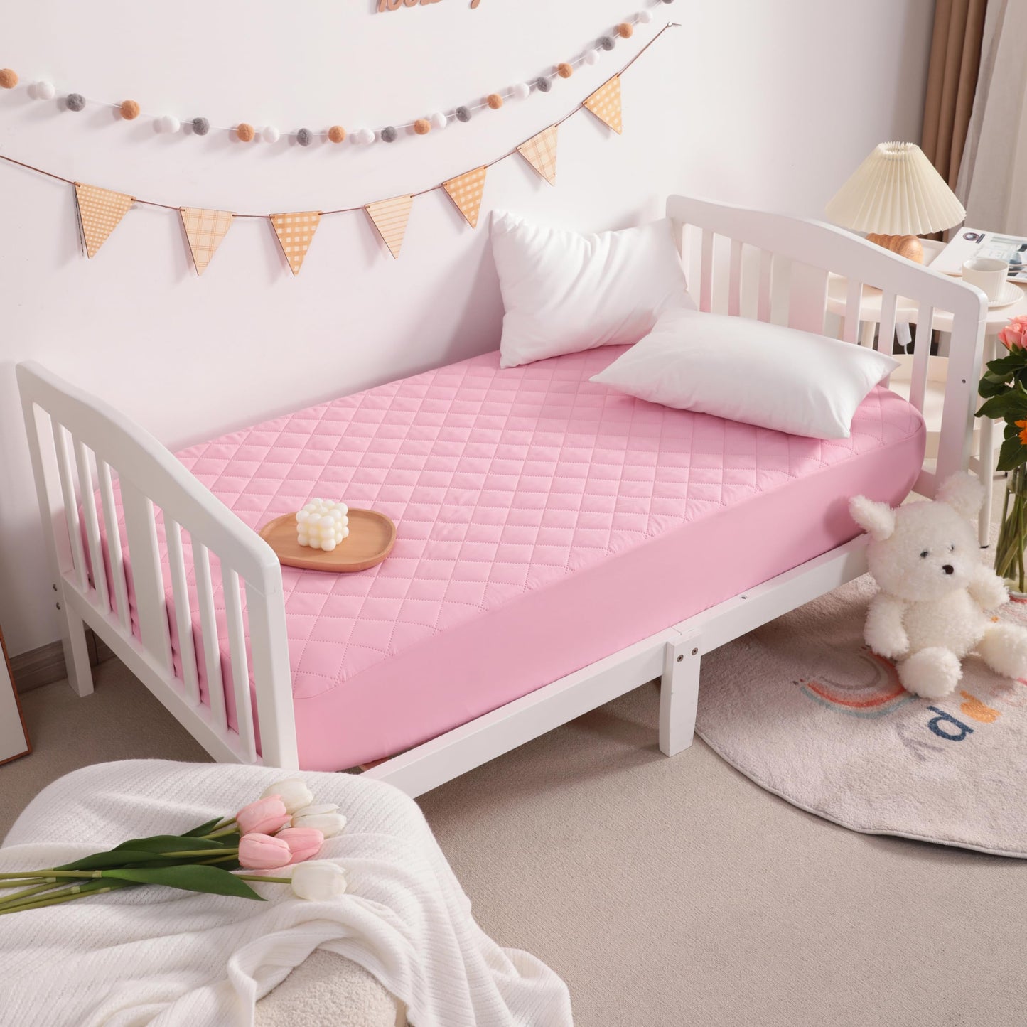 NTBAY 2 Pack Waterproof Crib Mattress Protector, Quilted 28"x52" Toddler Fitted Sheet - Machine Washable - Soft Mattress Pad Cover for Crib, Nursery, Daycare, Cot, Pink