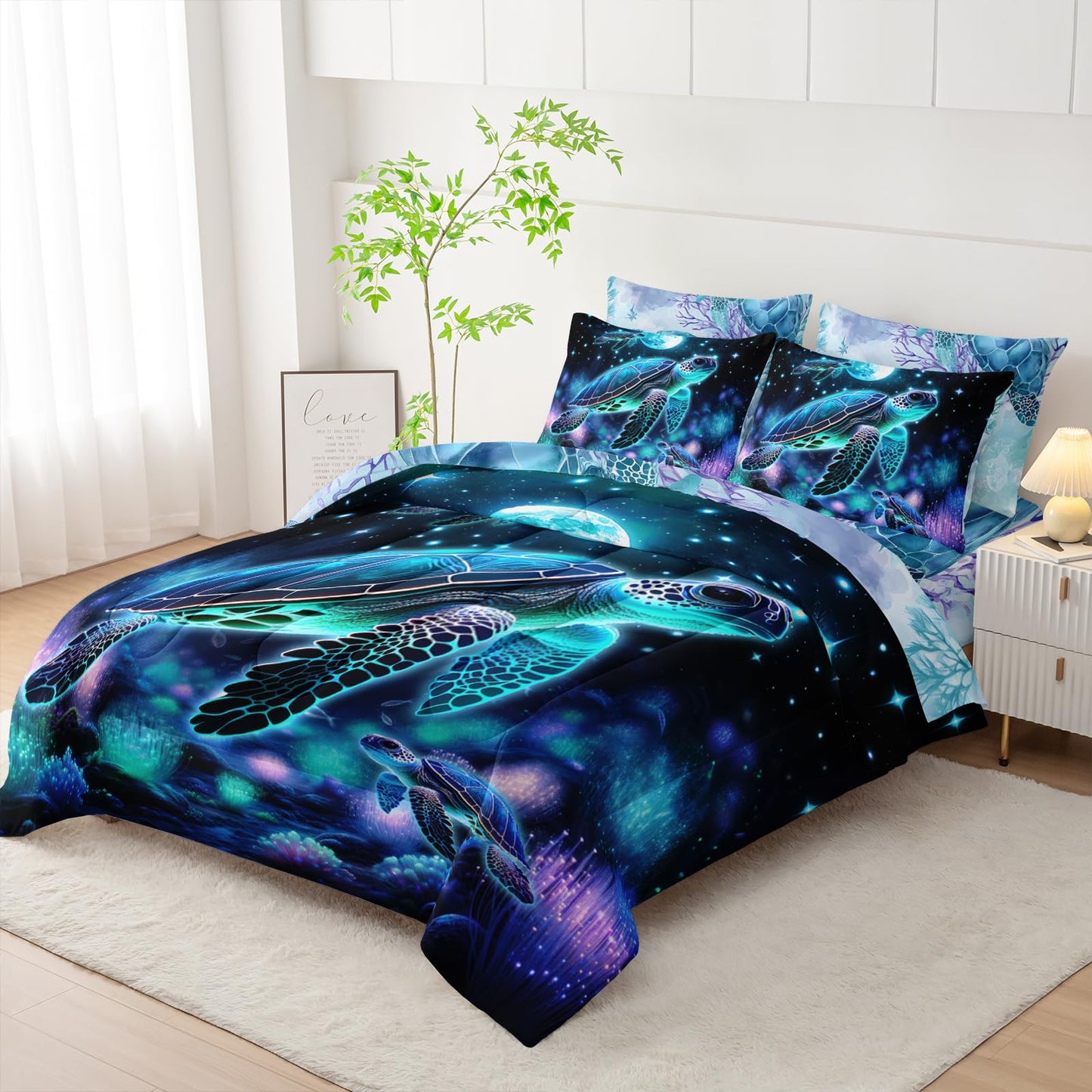 AILONEN Sea Turtle Comforter Set Twin Size,7-Piece Ocean Theme Bedding Coral Bed in a Bag,Evening Starry Moon Turtle Comforter & Fitted Sheet & Flat Sheet & 2 Pillowcases,2 Pillow Shams