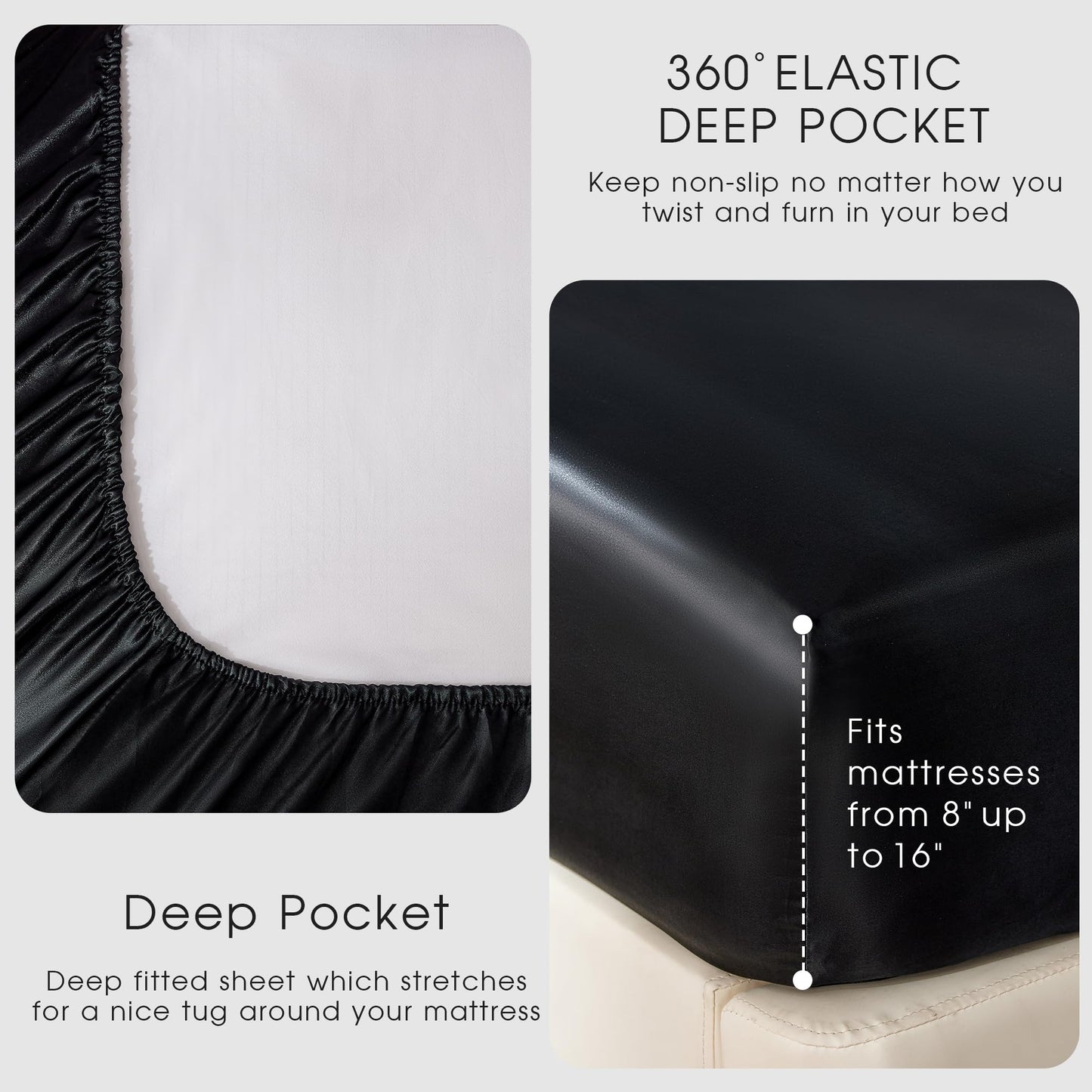 FreshCulture Satin Sheets Full Size - 4 Piece Luxury Soft Silky Full Size Bed Sheets, Similar to Silk Bed Sheet Set with 1 Deep Pocket Fitted Sheet, 1 Flat Sheet & 2 Pillowcases (Black)