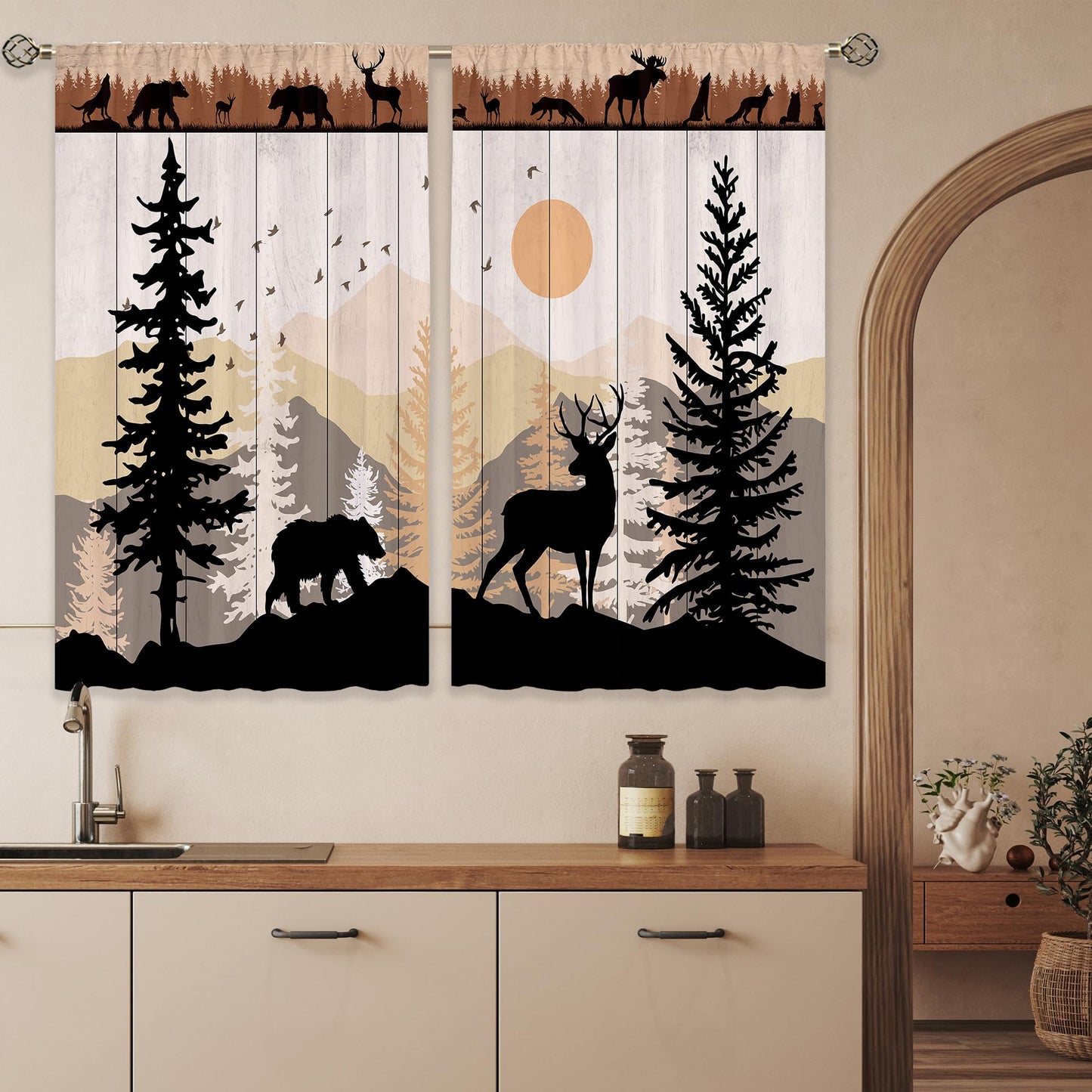 Laifzere Farmhouse Forest Cabin Kitchen Curtains Rustic Wooden Small Short Cafe Window Curtains Tree Country Deer Bear Rod Pocket Bathroom Window Drapes Treatment Tier Curtains 2 Panels (27.5x39 Inch)