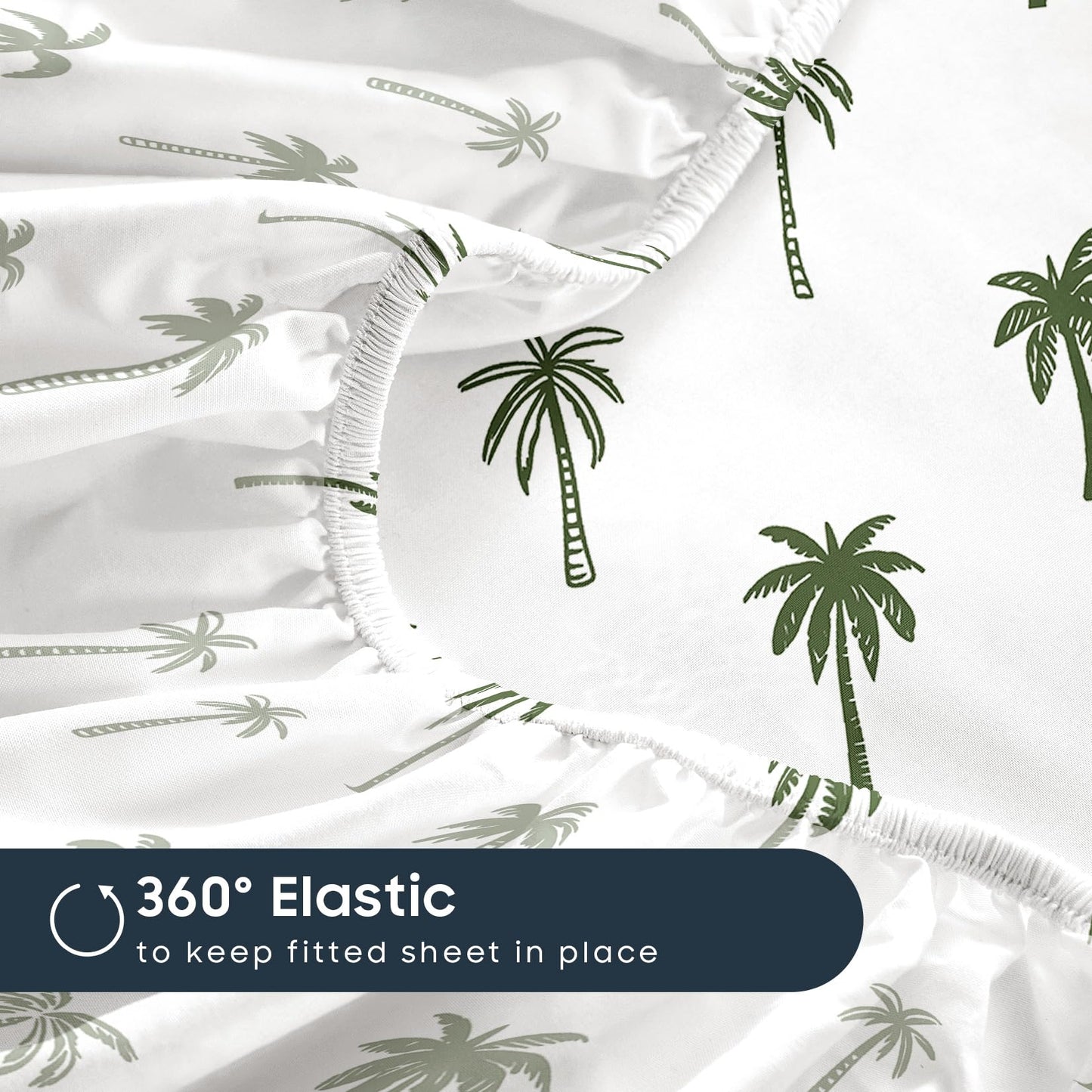 Wake In Cloud - Coastal Bed Sheets, 4-Piece Sheet Set, Boho Summer Beach Tropical Plants Palm Coconut Trees Pattern Printed Bedding, Deep Pocket, Green White, Queen Size