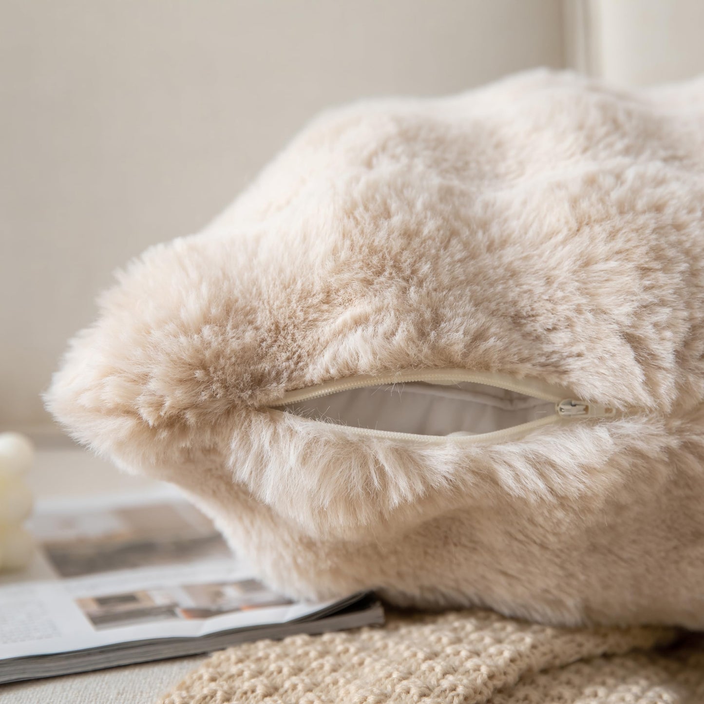 Joyouth Pack of 2 Thick Plush Throw Pillow Covers Fluffy Wave Faux Fur Decorative Cushion Covers Soft Wool Pillowcase for Sofa Couch Livingroom 16x16 Inch Beige