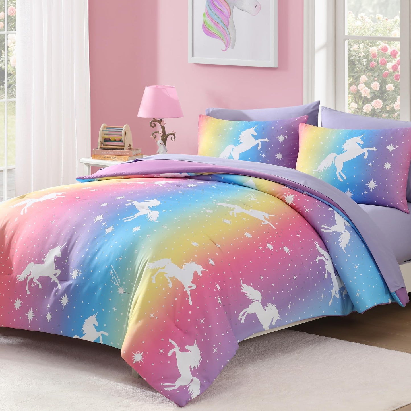 Wink Deer Full Size Comforter Set for Girls-7 Pieces Rainbow Unicorn Full Bedding Sets for Kids, Ultra Soft Bed in A Bag with Sheets