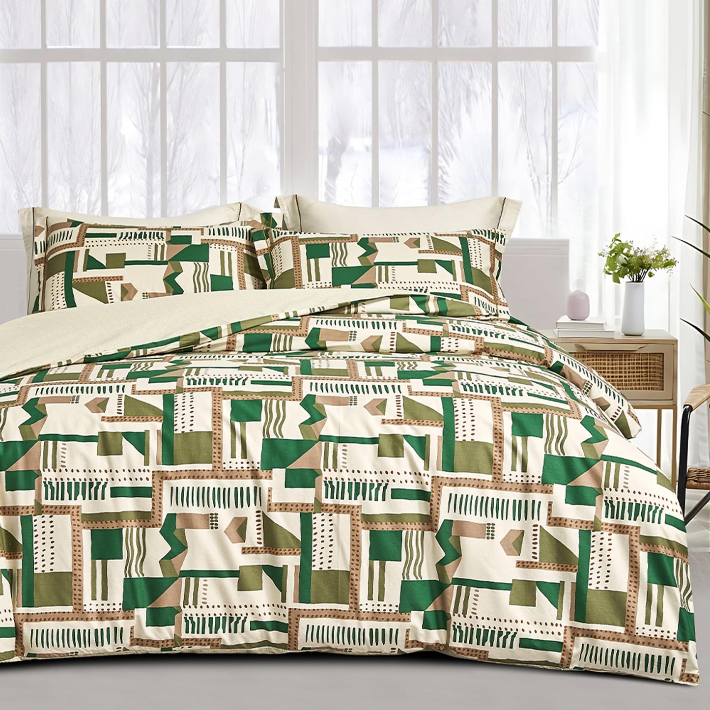 SLEEPBELLA Comforter King Size, 600 Thread Count Cotton White Printed with Green & Brown Geometric Comforter Set, Down Alternative Bedding Set 3Pcs(King, Green Geometric)