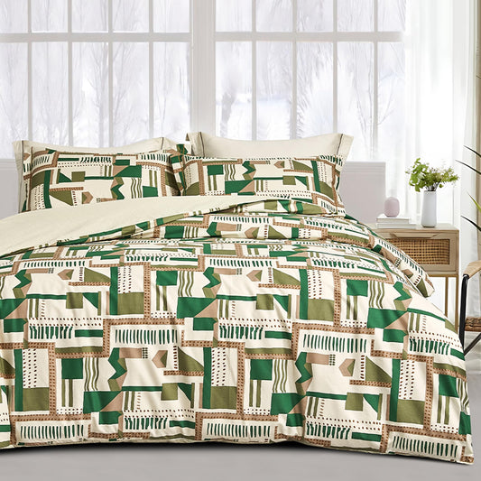 SLEEPBELLA Comforter King Size, 600 Thread Count Cotton White Printed with Green & Brown Geometric Comforter Set, Down Alternative Bedding Set 3Pcs(King, Green Geometric)