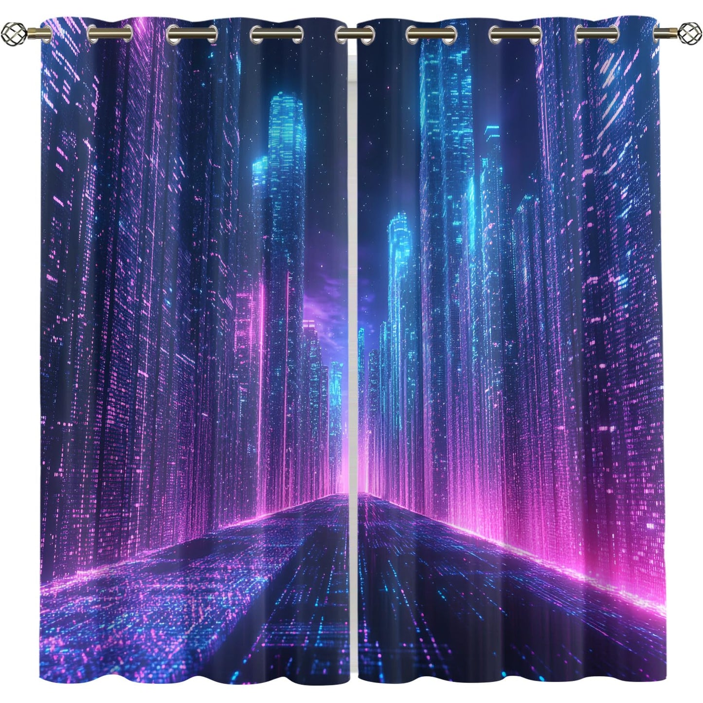 XAFIAUR City Neon Blackout Curtains, City Buildings Printed Drapes, Cyberpunk Thermal Insulated Drapes 2 Panels Darkening Window Curtain for Bedroom Living Room 27" W x 39" L x2
