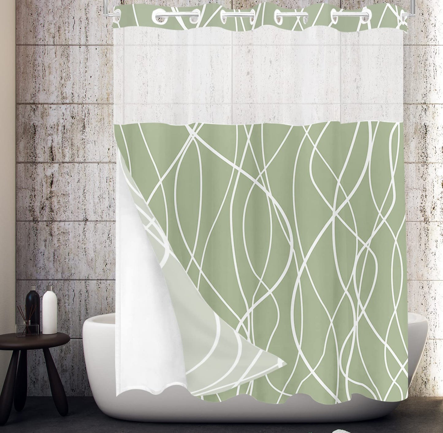 Tititex No Hooks Snap in Liner Abstract Curve Lines Sage Green White Shower Curtain, Hotel Luxury Double Layers Without Hooks Waterproof Fabric & See-Through Top Window Bathroom 71x71 Inch