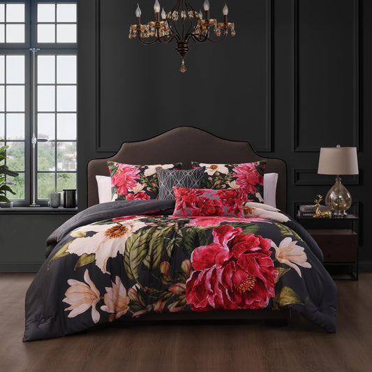 Bebejan Flower Garland 5 Piece Comforter Set, 100% Cotton Sateen, 220 Thread Count, Grey Reversible Bedding Comforter Set, 1 Comforter, 2 Shams & 2 Pillows (King/Cal King)