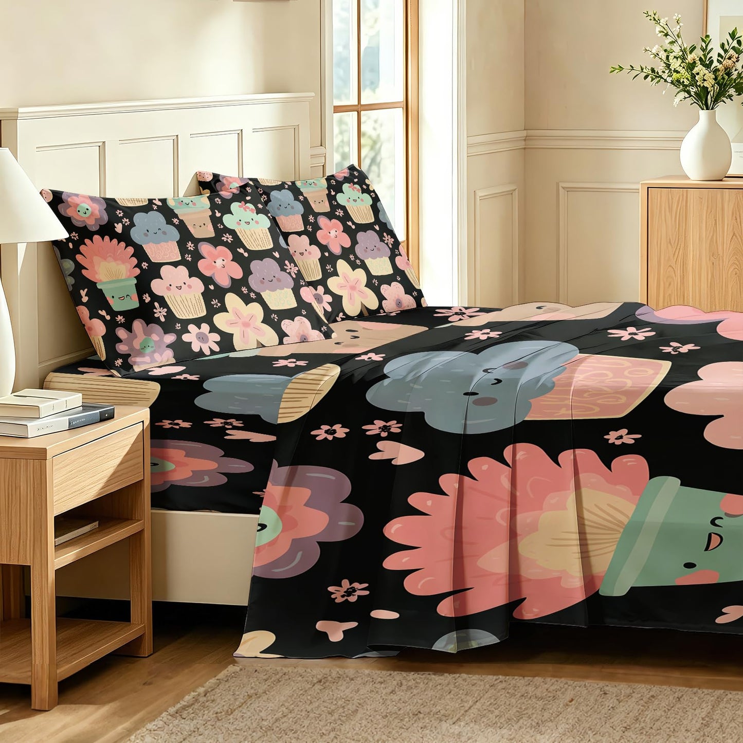 Girls Flower Bedding Set 4 Pcs Kawaii Food Full Sheets
