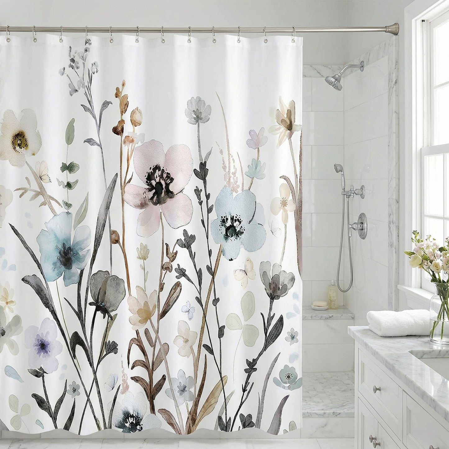 ZCHOMI Grey Pink Blue Floral Shower Curtain Watercolor Flower Shower Curtains for Bathroom Waterproof Polyester Fabric Bathroom Curtain 72 x 72 Inch with 12 Plastic Hook