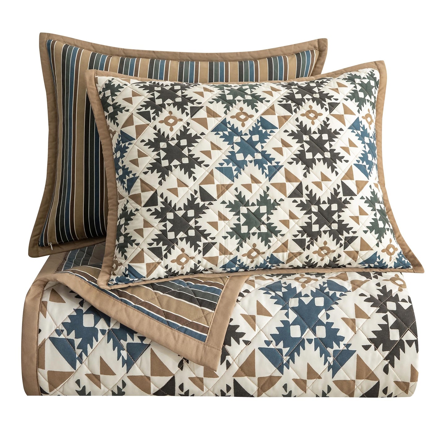 Indigo Hill by HiEnd Accents Mosaic Western Bedding 3 Piece Full Queen Quilt Set, Hourglass Pattern Southwest Cabin Rustic Bedding, Reversible Geometric Print Boho Patchwork Quilt with Pillow Shams