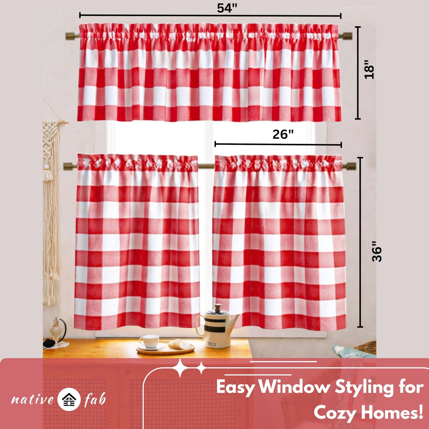 Native Fab Red Buffalo Plaid Window Curtain Set, 3 Piece Cotton Tier and Valance, 2 Tiers 26x36 Inch and Valance 54x18 Inch, Rod Pocket Curtains for Kitchen, Dining, Living Room, Red White