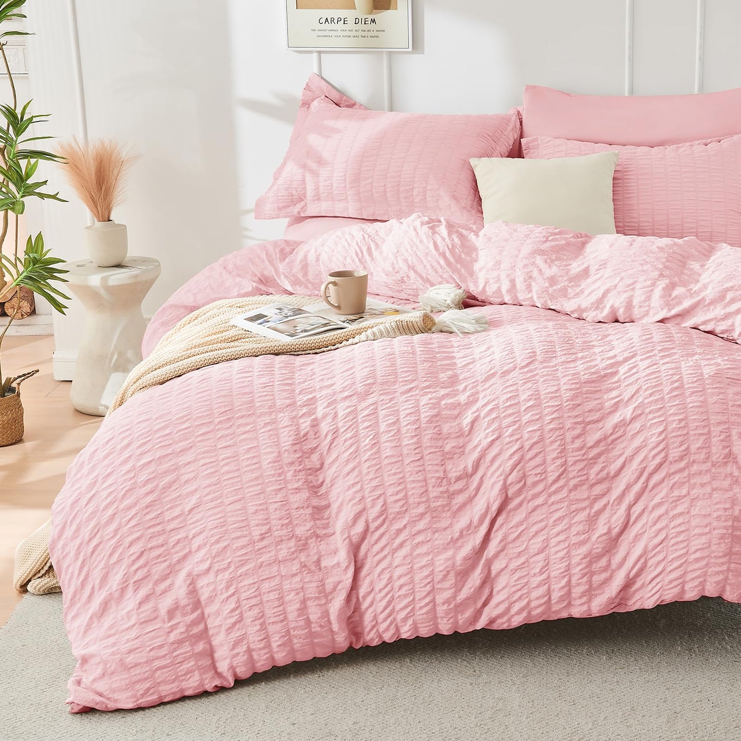 HYMOKEGE Pink Oversized Queen Comforter Set Seersucker 7 Pieces, All Season Luxury Bed in a Bag for Bedroom, Bedding Set with Comforter, Sheets, Pillowcases & Shams