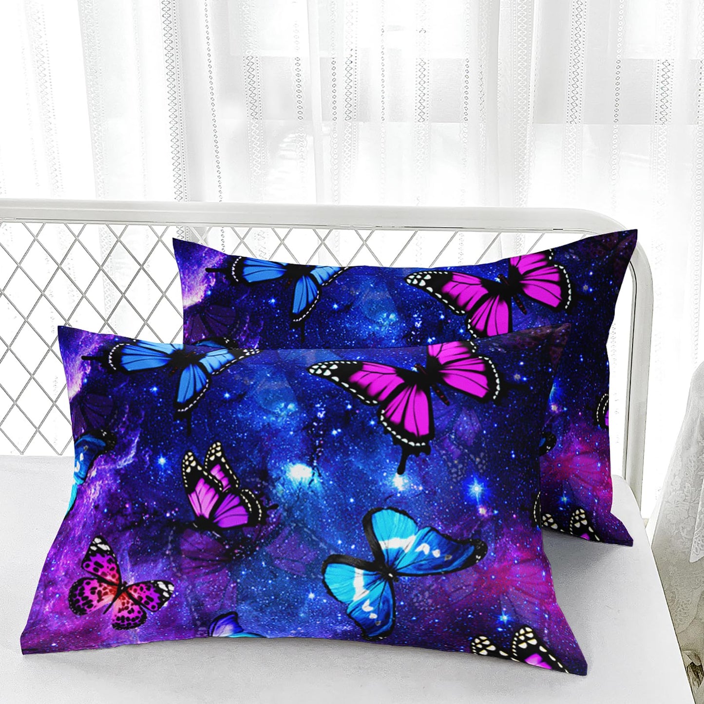 Nttopship Twin Size Galaxy Starry Sky Bedding Set, Violet Butterfly Comforter Set with 1 Comforter and 2 Pillowcases