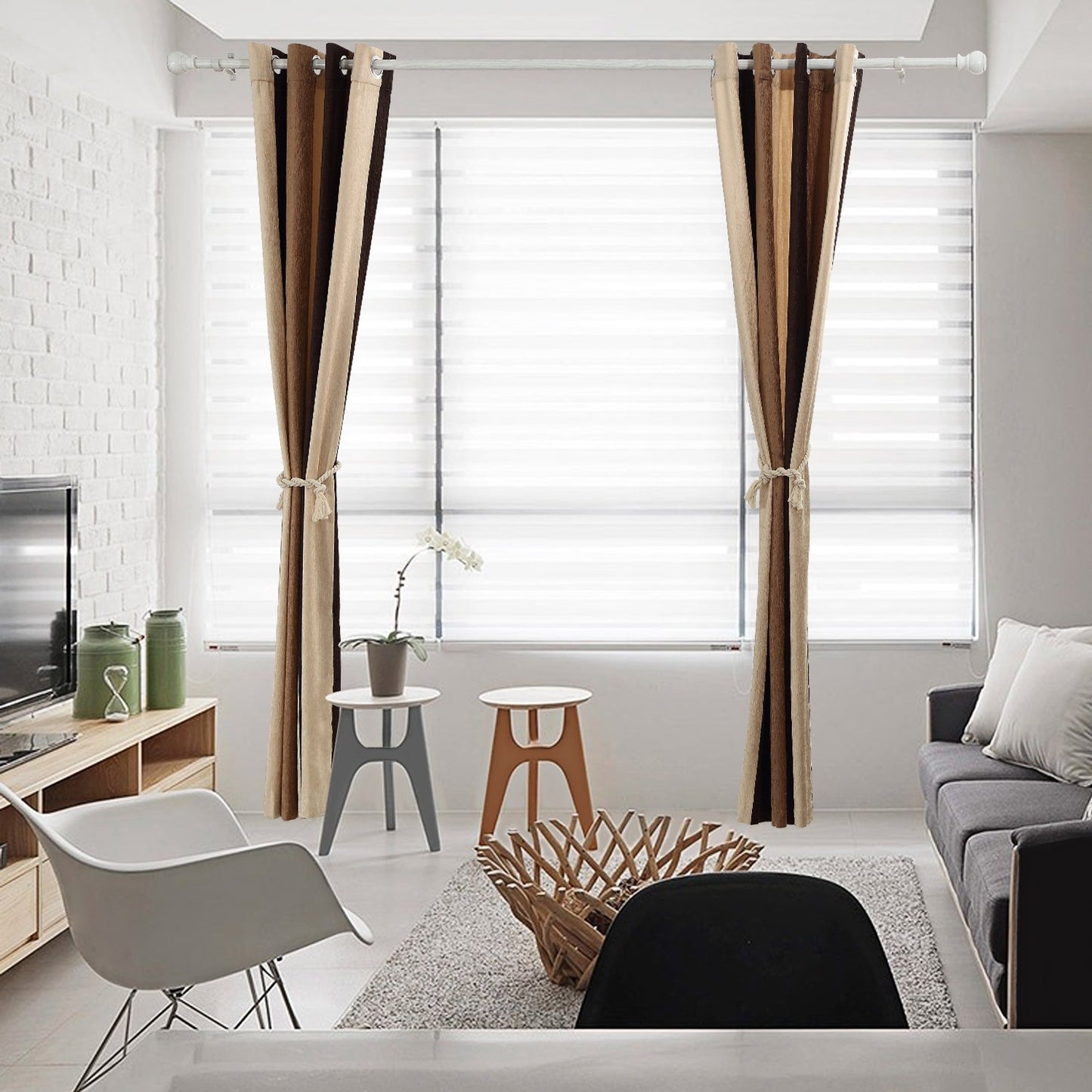 VIAGL Bedroom Absolute Heat Insulation Chenille Vertical Striped Color Window Curtains Living Room Buttonhole Single Panel (W52xL63, Brown)