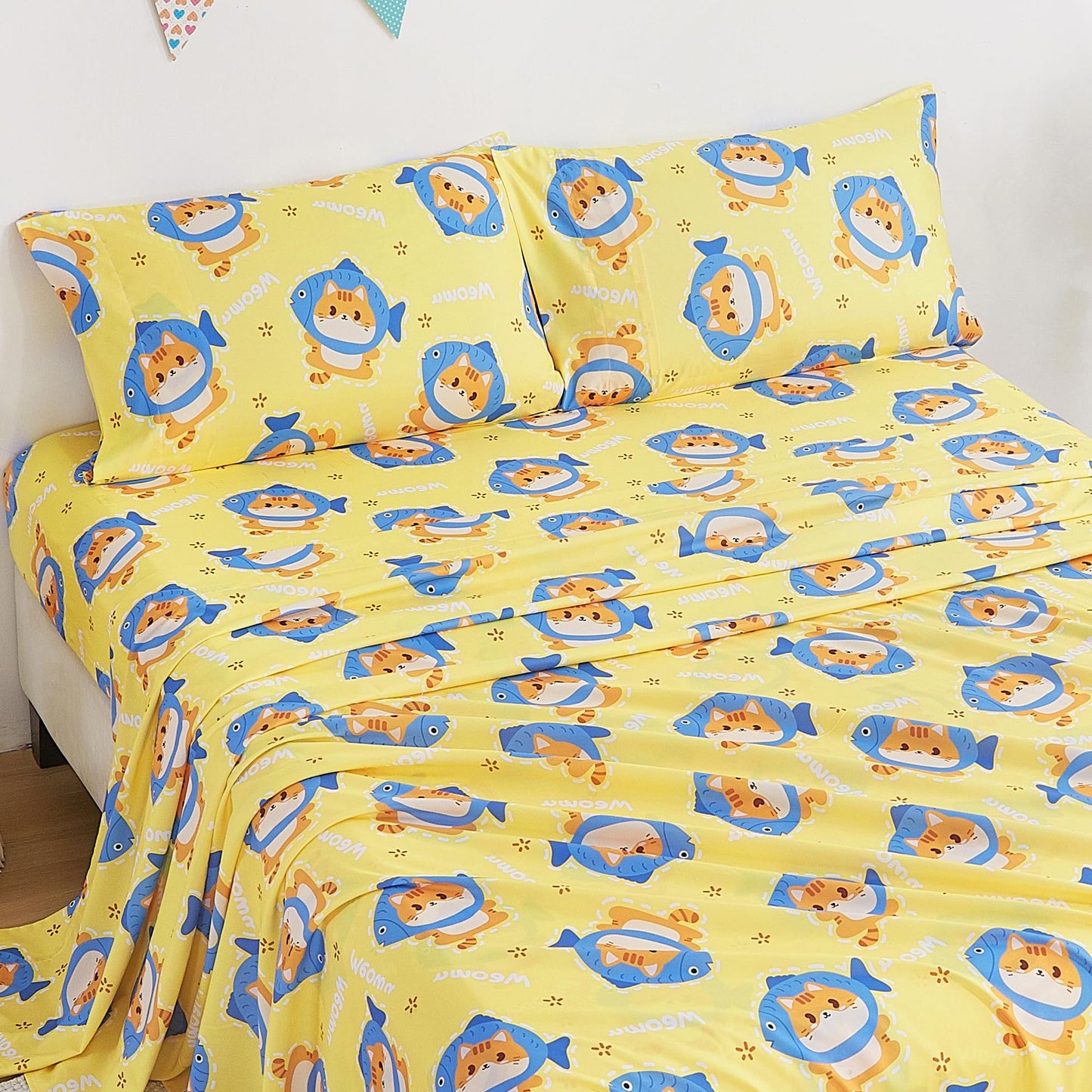 CozySmile Twin Sheet Set Kids,3 Pieces Breathable Soft Microfiber Bedsheets for Child Boys Girls, Oeko-TEX, Anti Pilling Deep Pockets Easy Care Bed Sheets, Cat Fish
