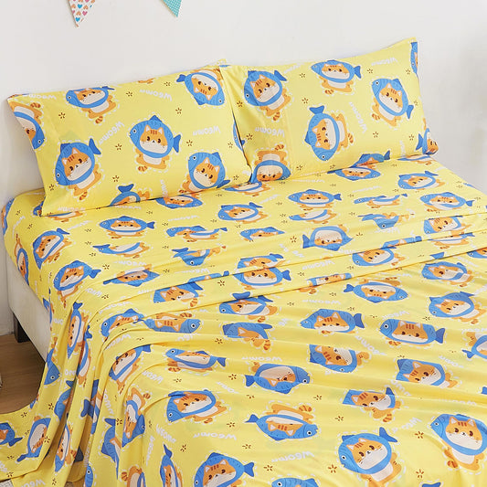CozySmile Twin Sheet Set Kids,3 Pieces Breathable Soft Microfiber Bedsheets for Child Boys Girls, Oeko-TEX, Anti Pilling Deep Pockets Easy Care Bed Sheets, Cat Fish