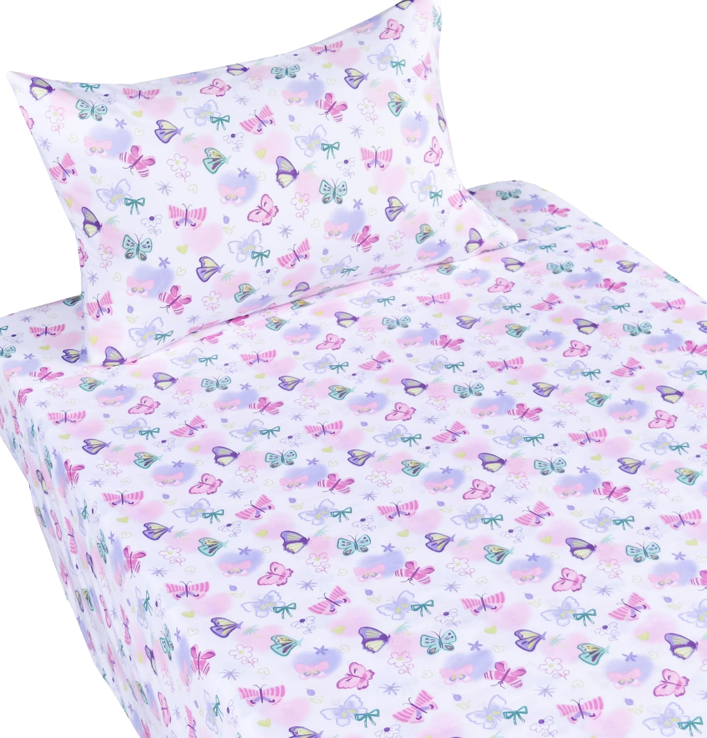J-pinno Butterfly in Wonderland Purple Pink Cute Twin 100% Cotton 3 Pieces Sheet Set for Kids Girls Children, Flat Sheet + Fitted Sheet + Pillowcase Bedding Decoration Gift Set
