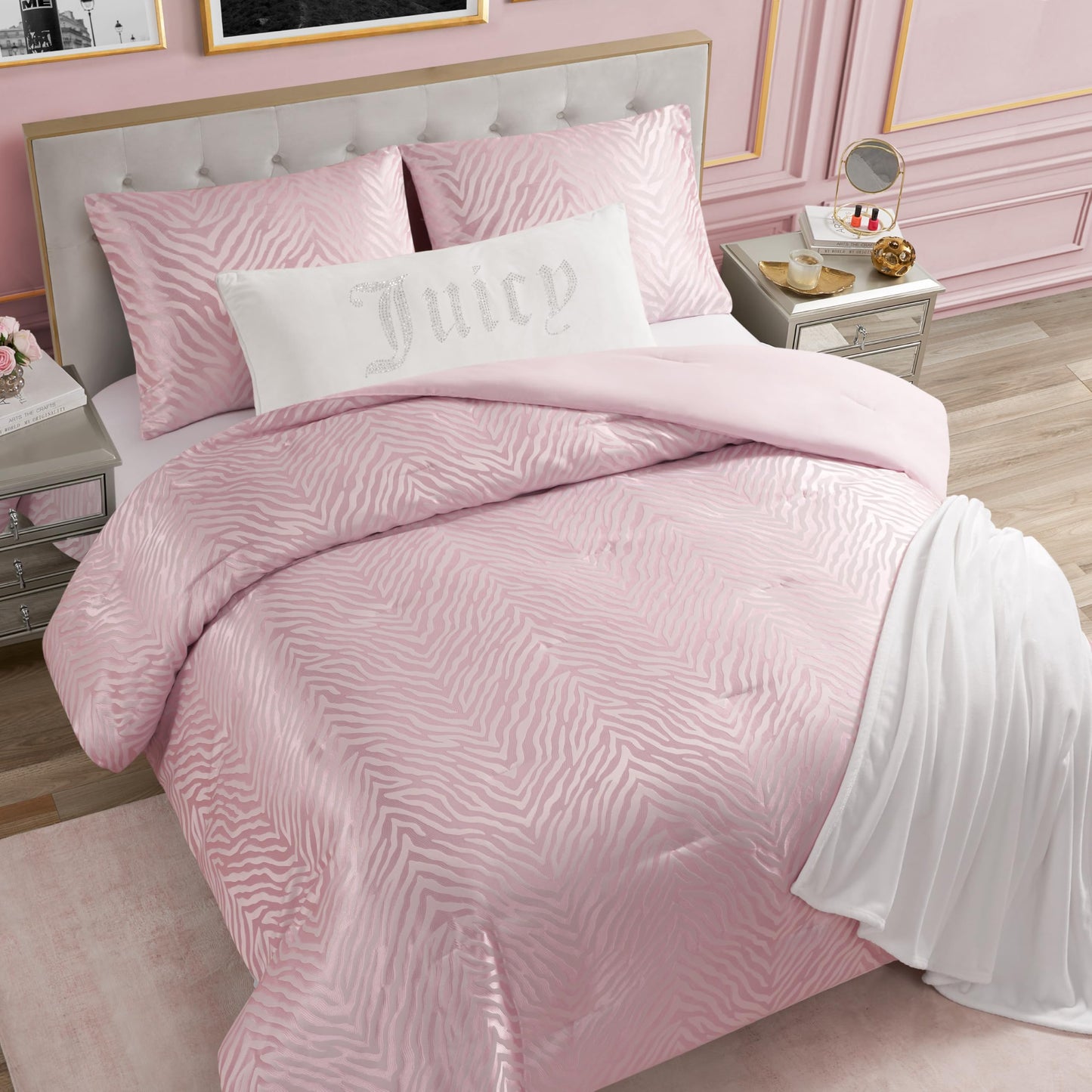Juicy Couture Pink Marshmallow Sparkle Zebra Jacquard King Comforter Set - 3 Piece Stylish Bedding Ensemble