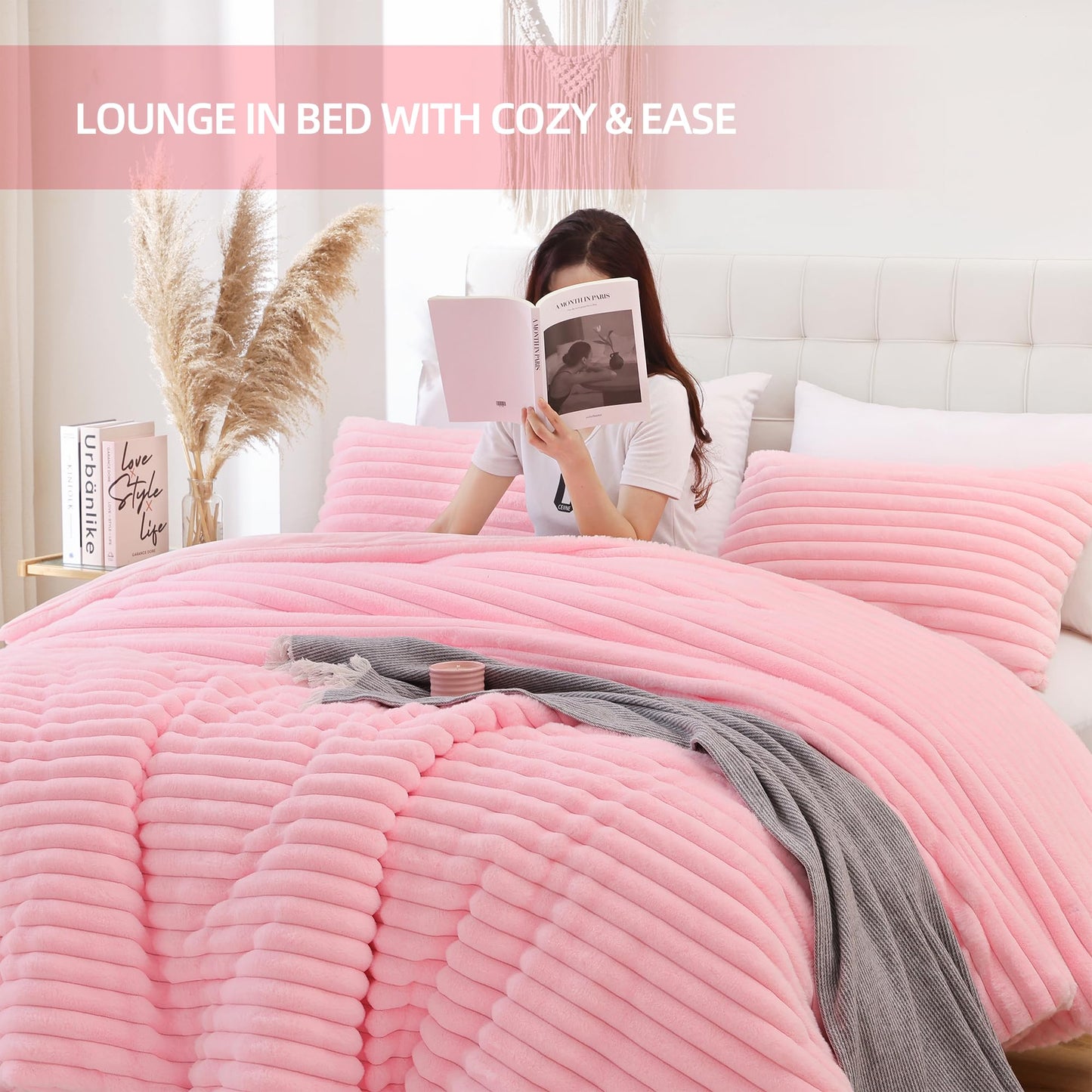 Smoofy Fluffy King Size Comforter Set 3 Pieces - Pink Fleece Fluffy Comforter Set, Luxury Fuzzy King Bedding Set, Soft King Bed Set All Season, Heavy Faux Fur Comforter with 2 Pillow Cases