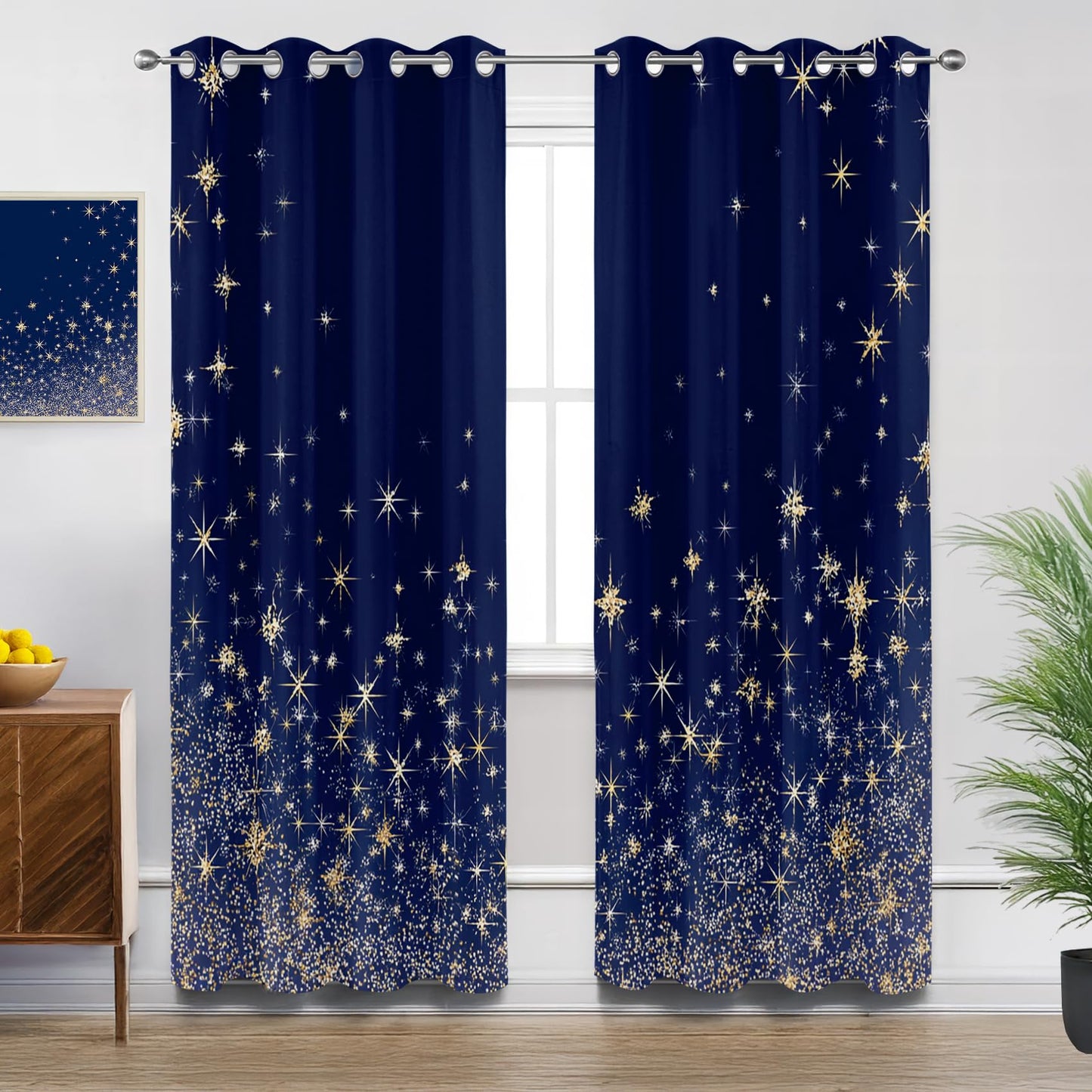 Solvivae Blue Curtains 63 Inch Length, Blue and Gold Luxury Blackout Curtains for Bedroom Living Room, Room Darkening Thermal Insulated Grommet Drapes, Patterned Window Treatments