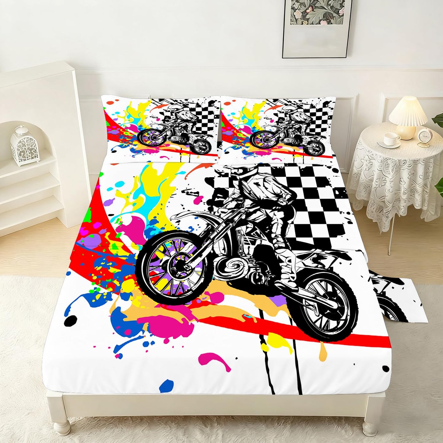 VTKON Motocross Fitted Sheet Set Twin Size Dirt Bike Bed Set for Boys Teens Graffiti Style Motorcycle Rider Sheets Black White Checkered Bed Cover with 1 Flat Sheet, 1 Fitted Sheet + 1 Pillowcase