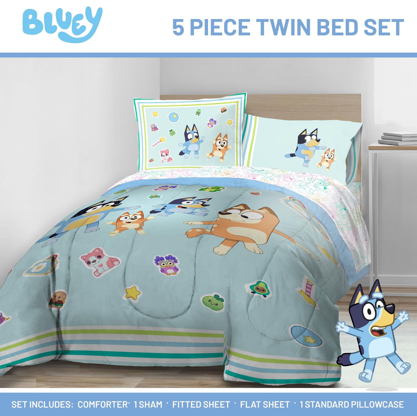 Jay Franco Kids Bed Set, Blue, Bluey, 5 Piece Twin
