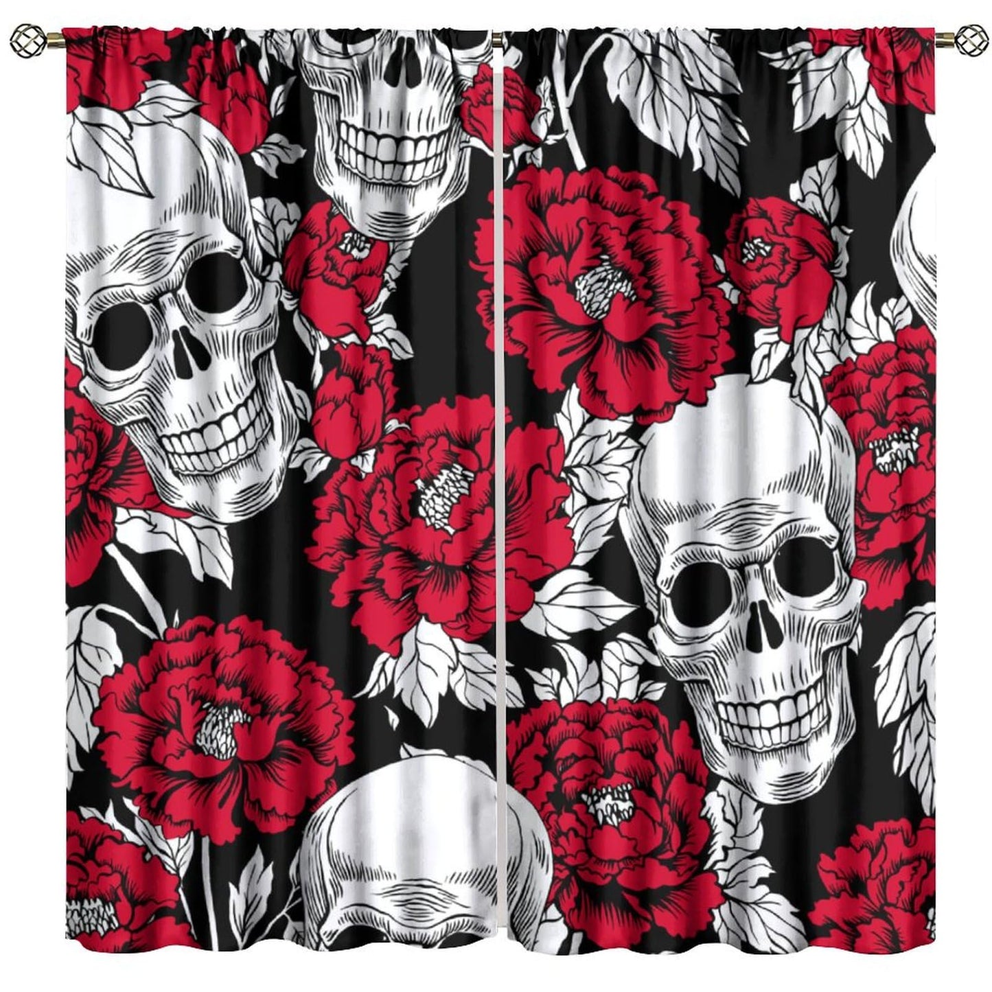HZOHNAGO Gothic Curtains Skull Red Floral Pattern Blackout Print Rod Pocket Window Drapes for Bedroom Living Room 42x45in