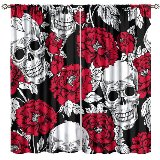 HZOHNAGO Gothic Curtains Skull Red Floral Pattern Blackout Print Rod Pocket Window Drapes for Bedroom Living Room 42x45in