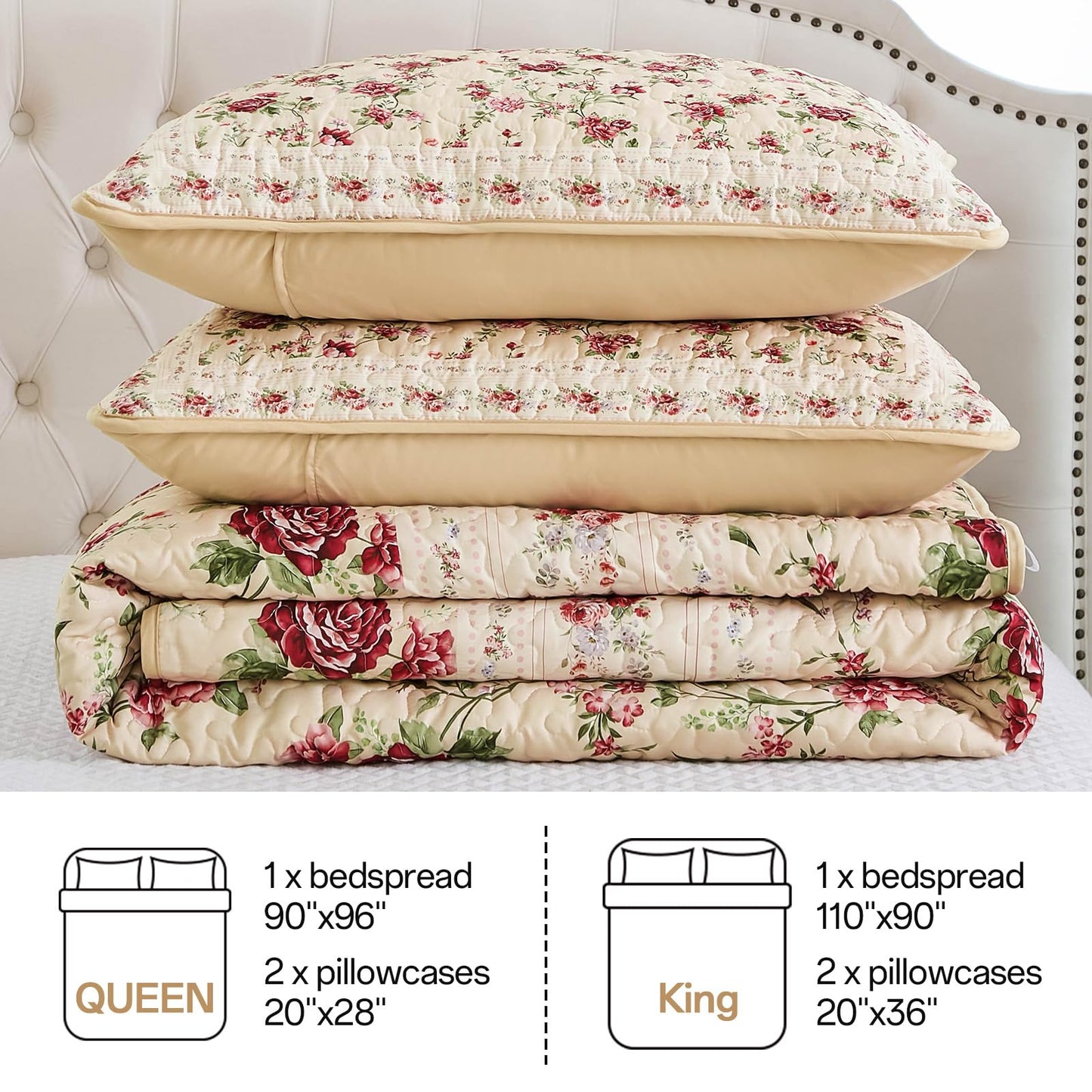 Xruibed Beige Quilt Set Queen Size, 3PCs Antique Rose Beige Bedspread Coverlet Set, Lightweight Soft Microfiber Floral Quilt Set with 2 Pillowcases for All Season (Queen Size 96"x90")
