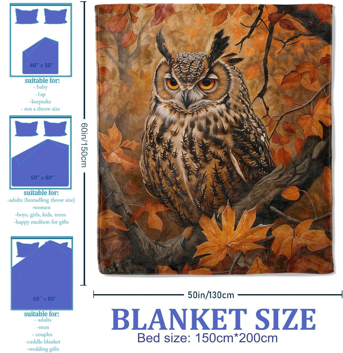 Plistiz Autumn Owl Throw Blanket, 50"x60", Soft Flannel Owl Gifts for Adults and Women, Home Decor