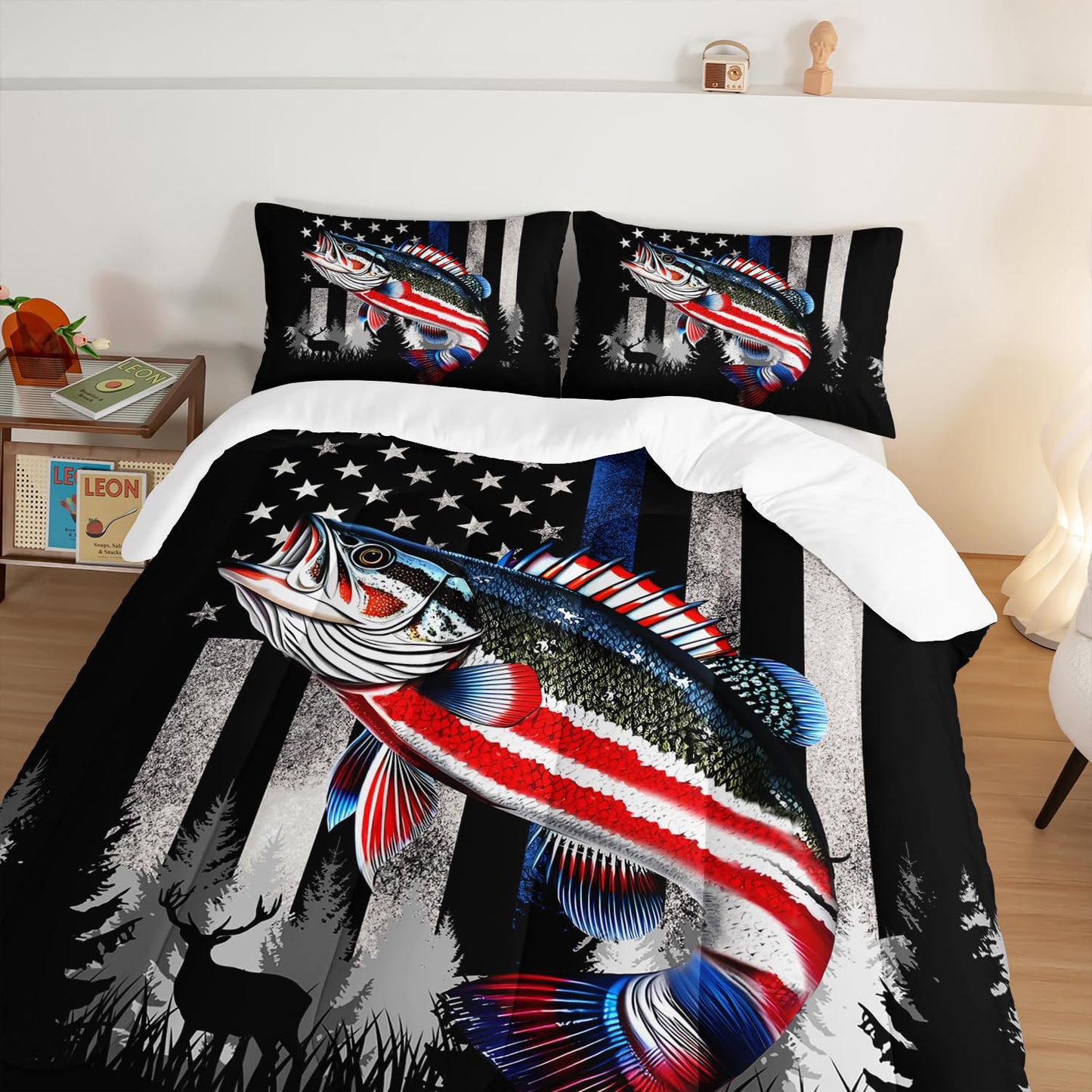 HOSIMA Soft Microfiber Black Full Size Comforter with 2 Pillowcases,American Flag Striped Bass Pattern Bedding Sets,Fishing Comforter Kids Men Boys Room Decor,Bed in a Bag Full Size for Teens.