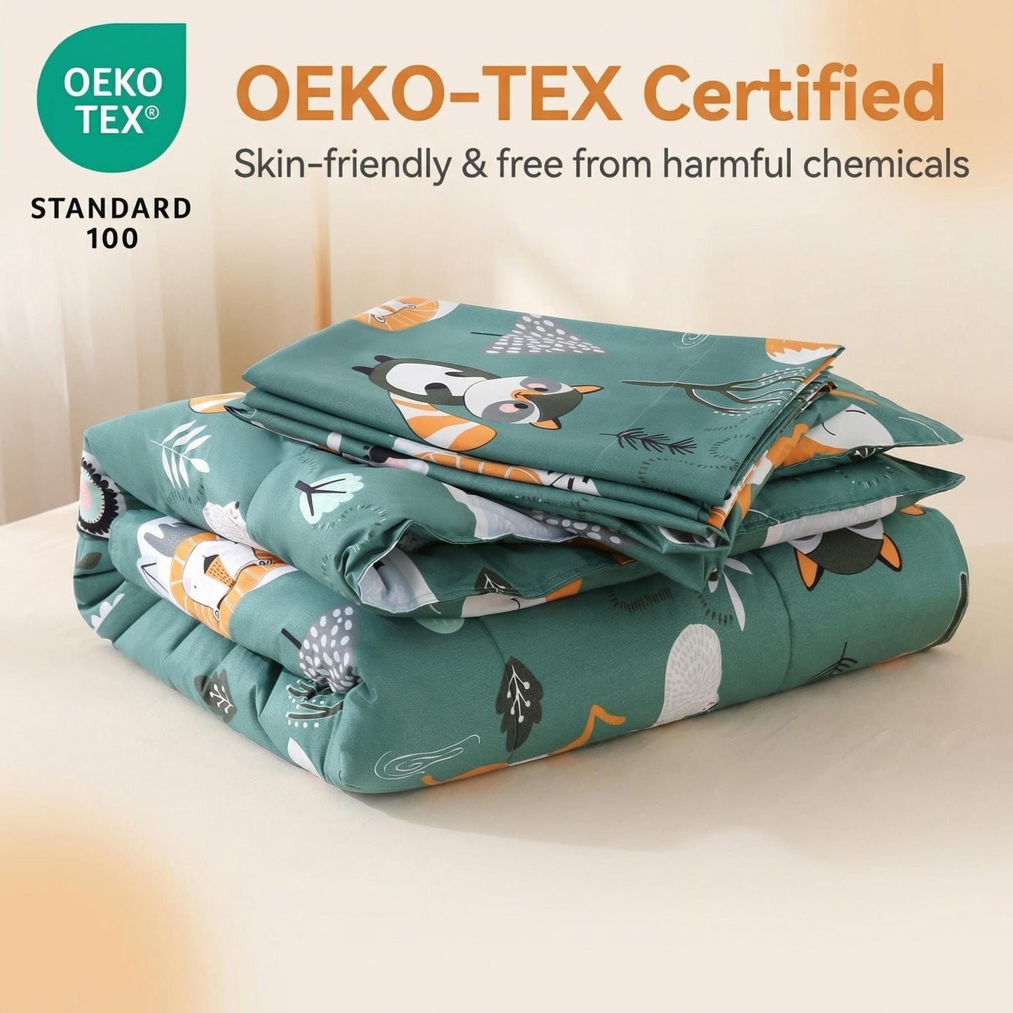JSD Green Forest Animals Toddler Bedding Set, 4 Piece Bed-in-Bag Toddler Comforter Sheet Set, Machine Washable