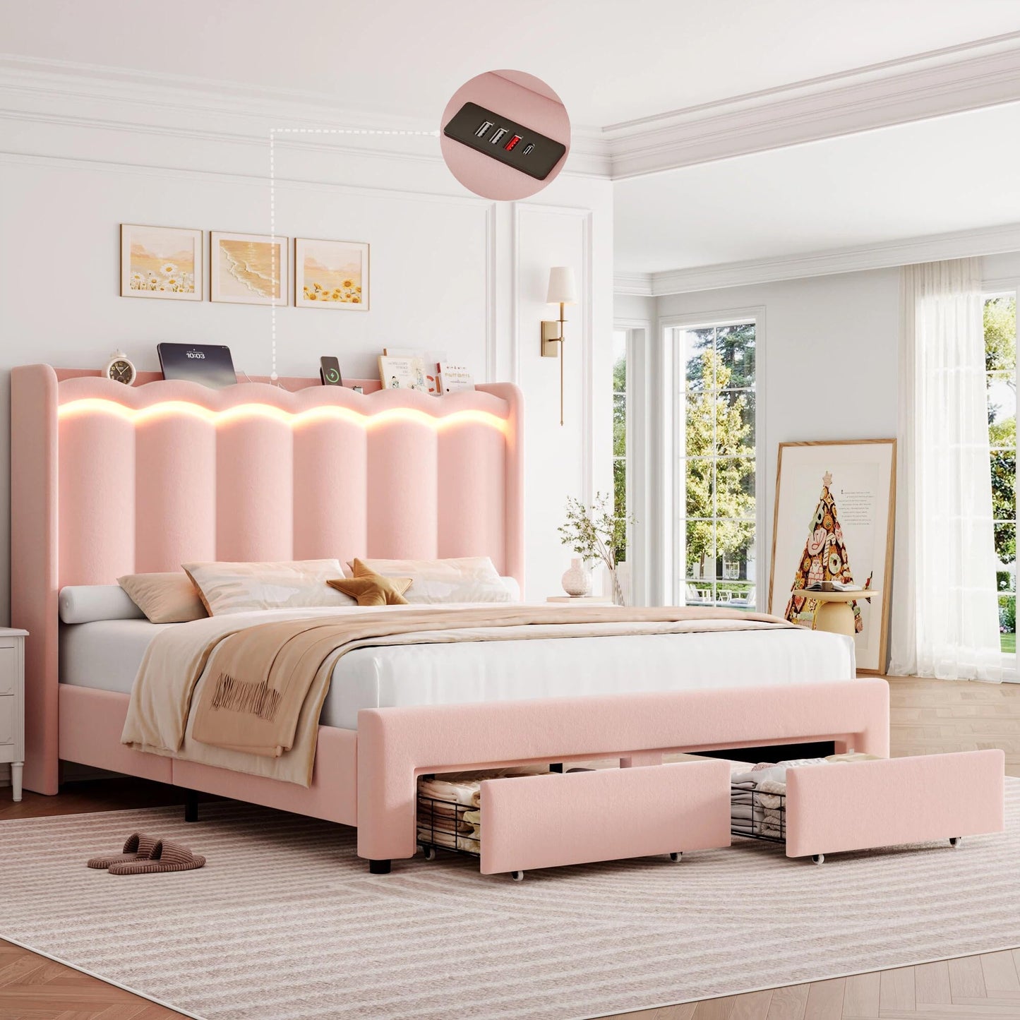HIFIT Queen Upholstered LED Bed Frame with Charging Station and 2 Storage Drawers, Pink Velvet Princess Bed Frame for Girls, Camas Queen with Double Wavy Wingback Headboard, No Box Spring Needed