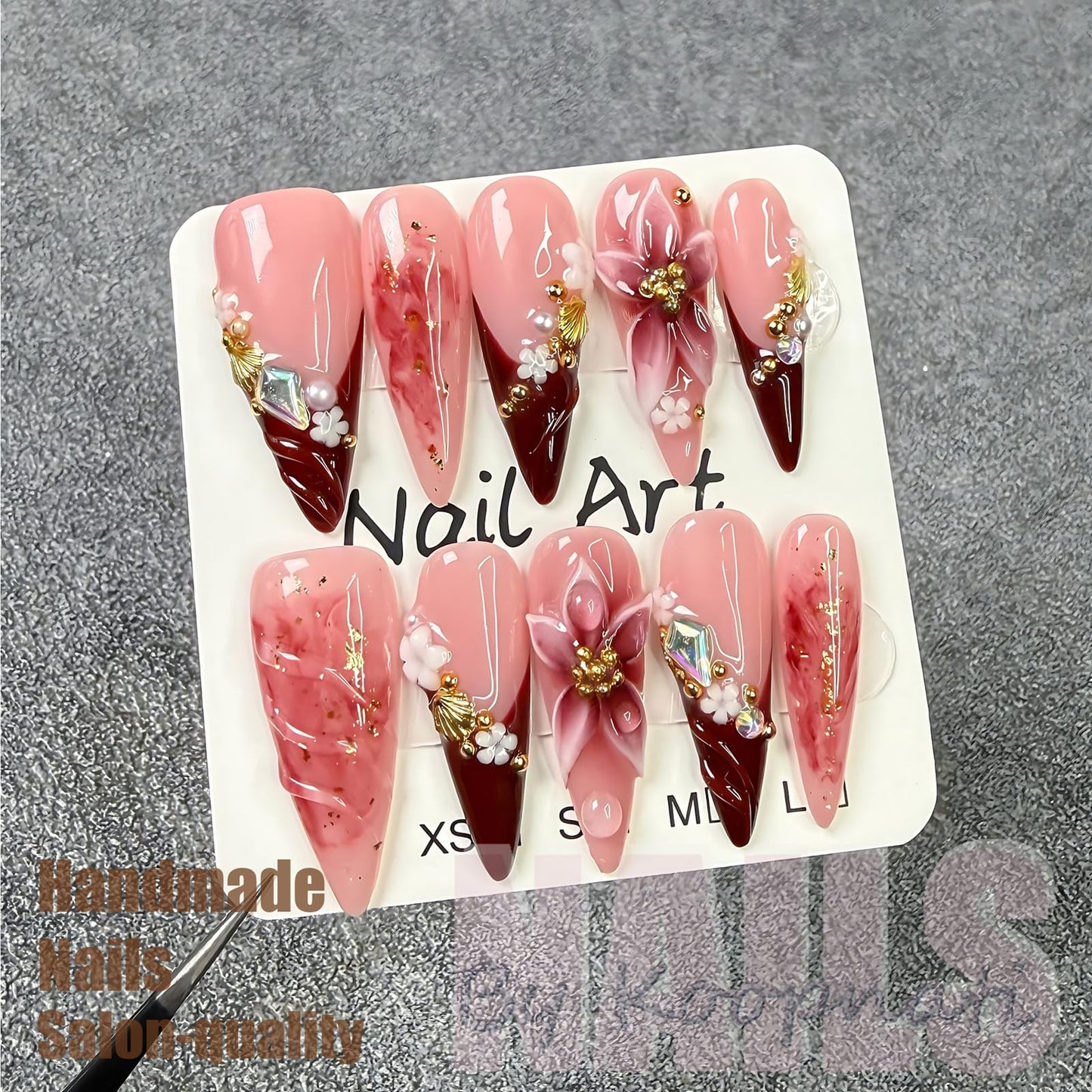 Handmade Press On Nails Almond Long Homemade Press On Nails French Tip With 3D Design Fake Nail Art For Women M