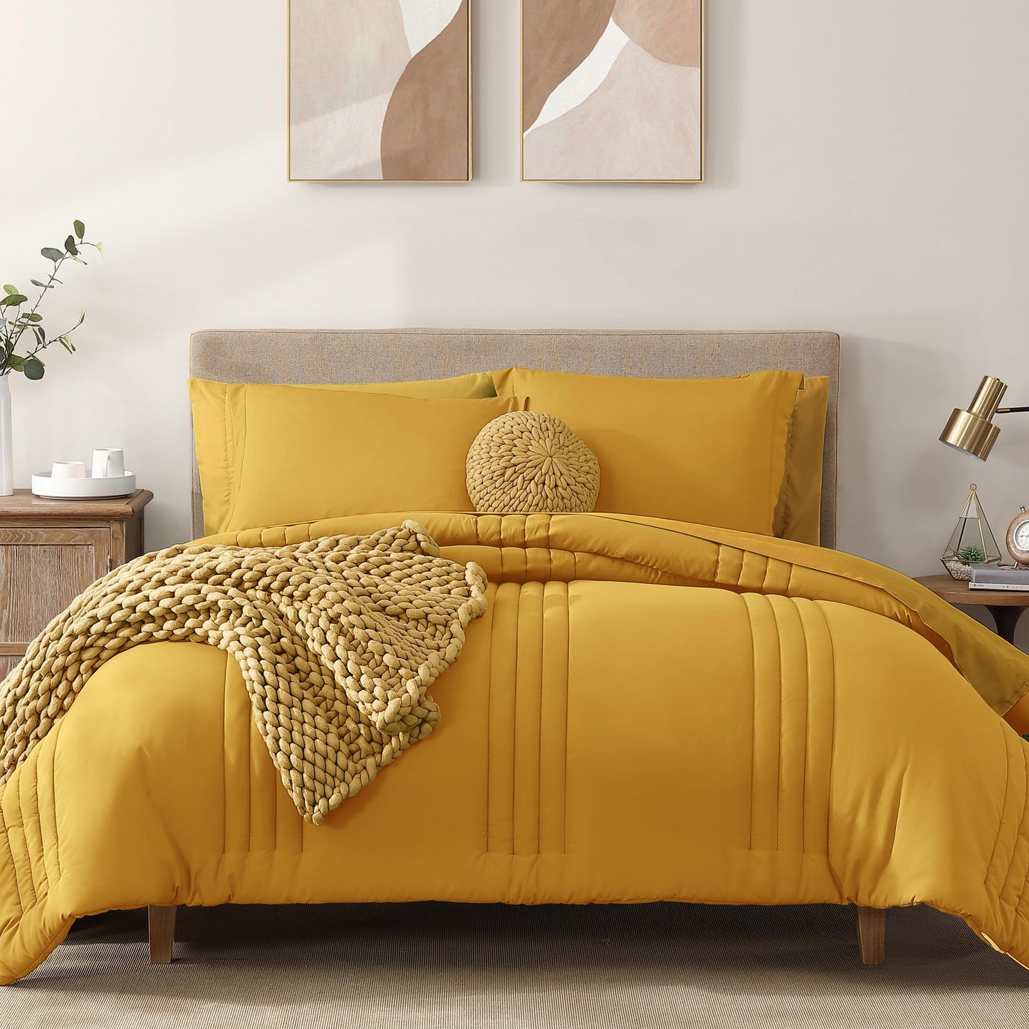 Monbix Queen Comforter Set - 7 Pieces Bright Yellow Bed in a Bag Queen Bedding Sets with Comforters, All Seasons Comforter Bed Set with Sheets,Pillowcases & Shams