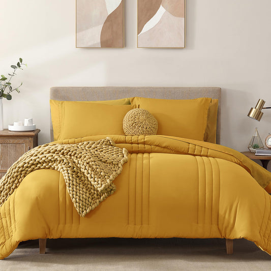 Monbix Queen Comforter Set - 7 Pieces Bright Yellow Bed in a Bag Queen Bedding Sets with Comforters, All Seasons Comforter Bed Set with Sheets,Pillowcases & Shams