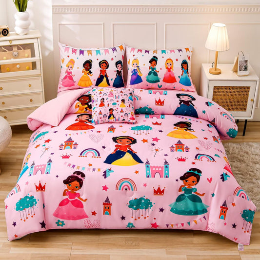 GRAT TIOC 6 Pieces Pink Princess Comforter Set for Girls Twin,Bed in A Bag Princess Bedding Set for Girl Kids (1 Comforter,1 Flat Sheet,1 Fitted Sheet,2 Pillowcases and 1 Cushion Cover)