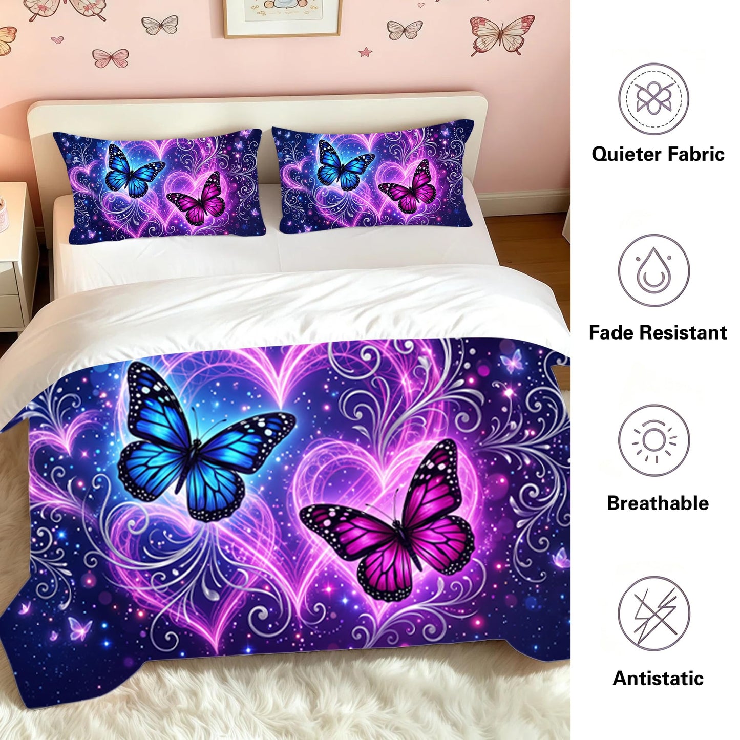 DJNEAR Purple Butterfly Comforter Sets Queen Bedding Set for Girls Women